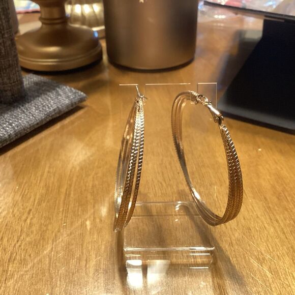 Goldtone Triple Strand Textured Hoop Earrings - Picture 4 of 6